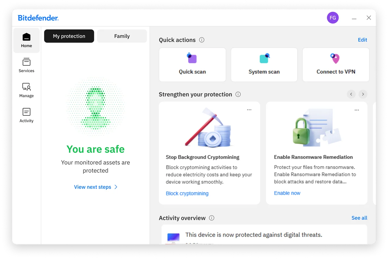 Bitdefender Windows 앱 홈 화면